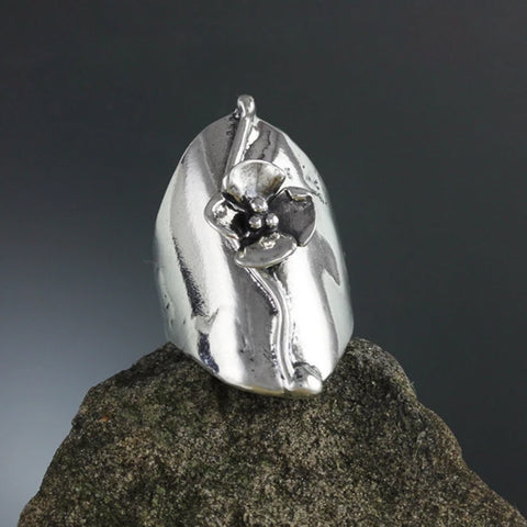 Sterling Silver Dogwood Shield Ring - Size 11 1/4