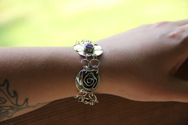 Sterling Silver Five Element Amethyst Bracelet with Gold Accent