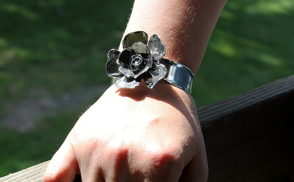 Large Double Petal Rose Flower Cuff Bracelet