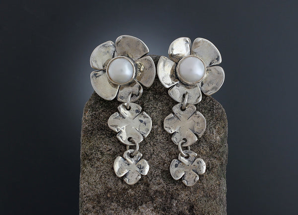 Pearl Dogwood Flower Earrings with two Flower Drop