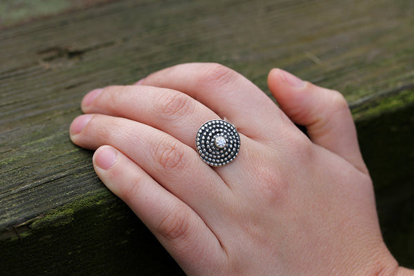 Beaded Spiral Ring with CZ in Gold Bezel