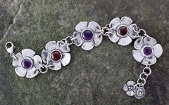 Sterling Silver Five Flower Bracelet with Amethyst and Amber
