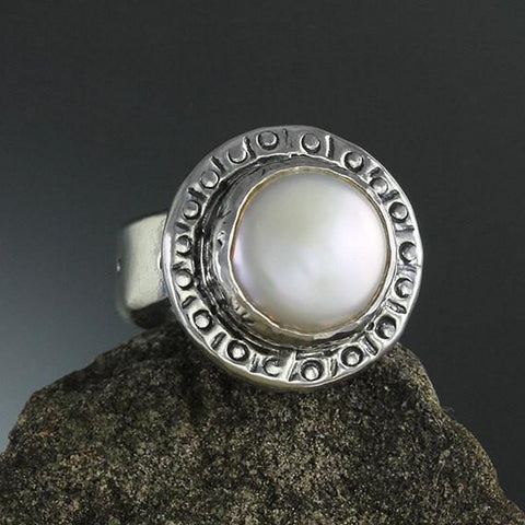 Pearl In Stamped Bezel Ring