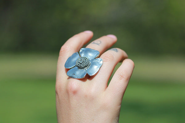 Sterling Silver Large Beaded Spiral Flower Ring