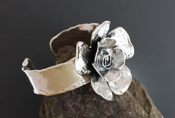 Large Double Petal Rose Flower Cuff Bracelet